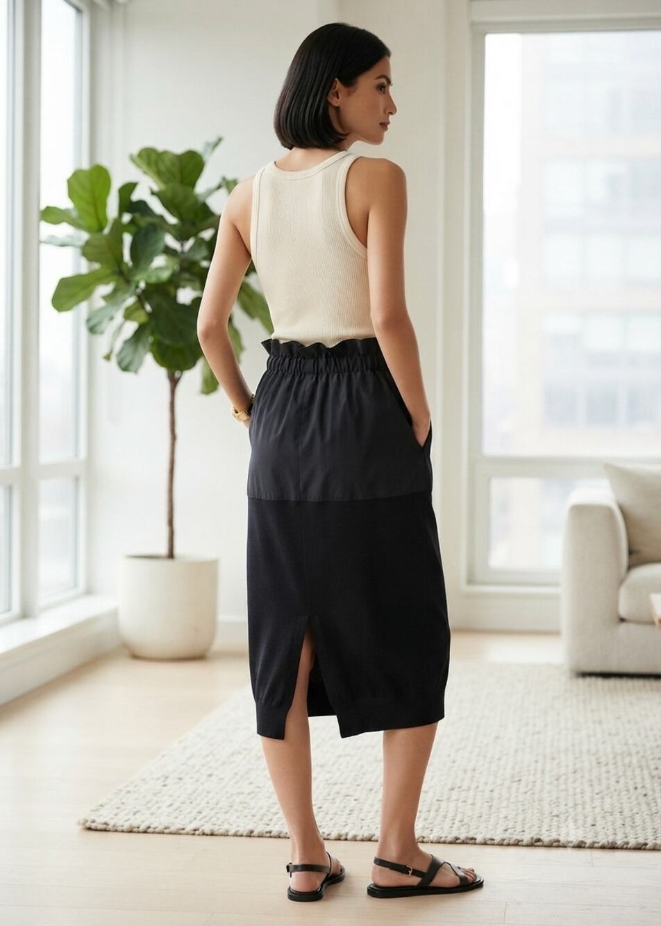 NWT Zara Mixed Media Ruffle Paper Bag Waist Midi Skirt Size M